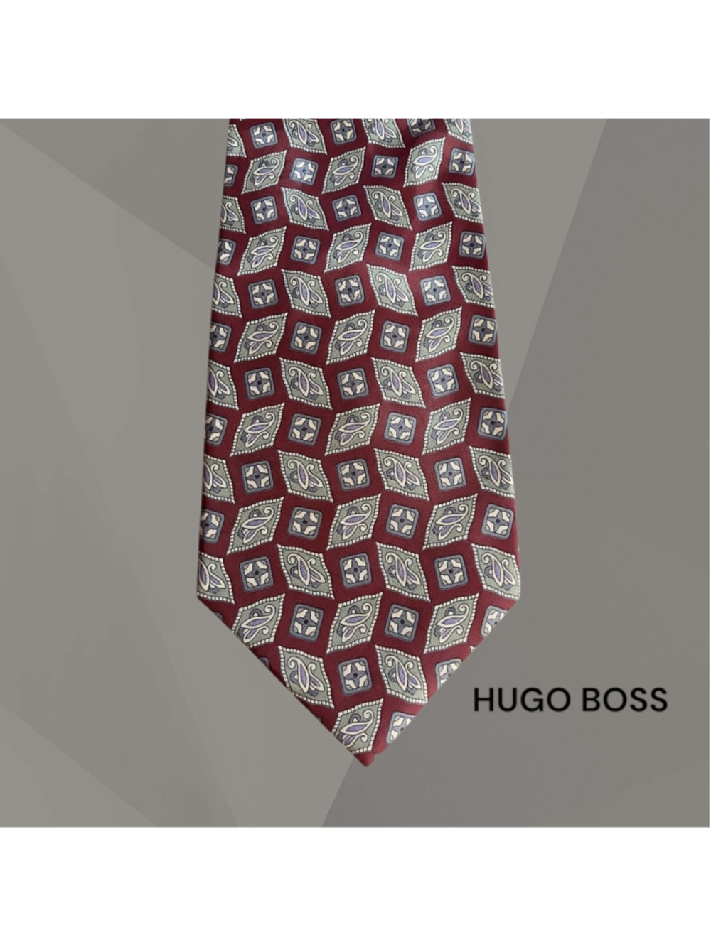 Hugo Boss Tie One Burgundy Grey Geometric Pattern Silk Tie